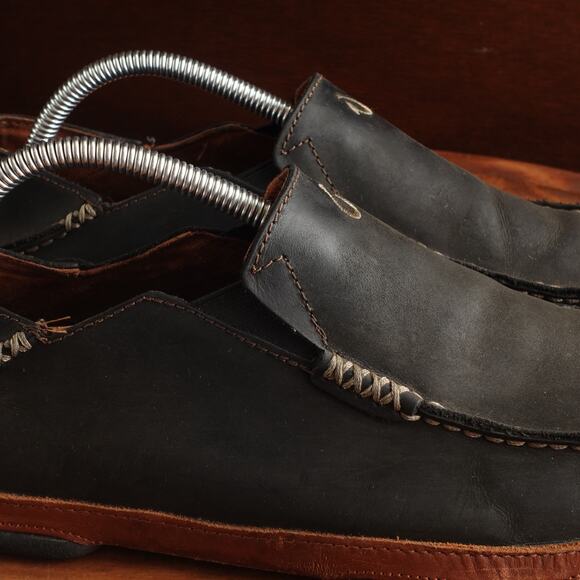 OluKai Shoes Mens SZ 8 BLK Moloa Leather Slip On Loafer Convertible Casual Shoes main image 4